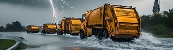 Row of collection trucks driving in storm water with lightning