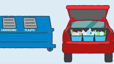 drawing of vehicle next to recycling bins